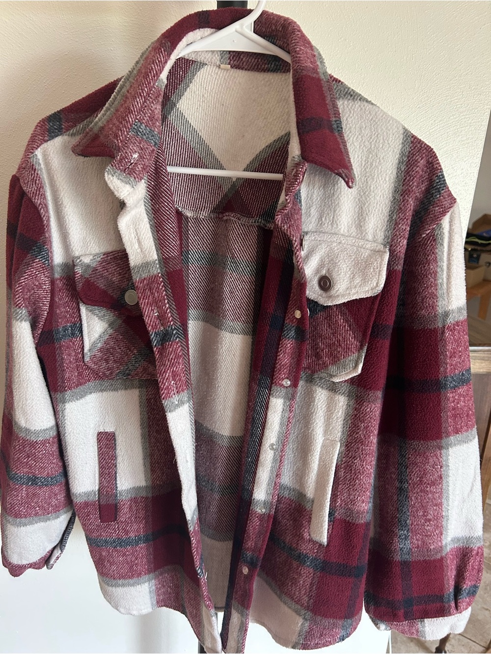 Plaid Button-Up Shacket Jacket in Burgundy & Cream